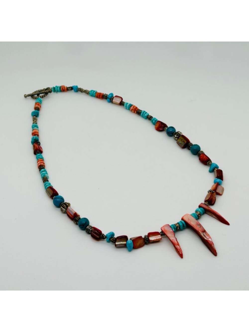 Southwestern Red Spiny Oyster & Turquoise Color Stone Shell Spike Toggle Vintage - Picture 7 of 12